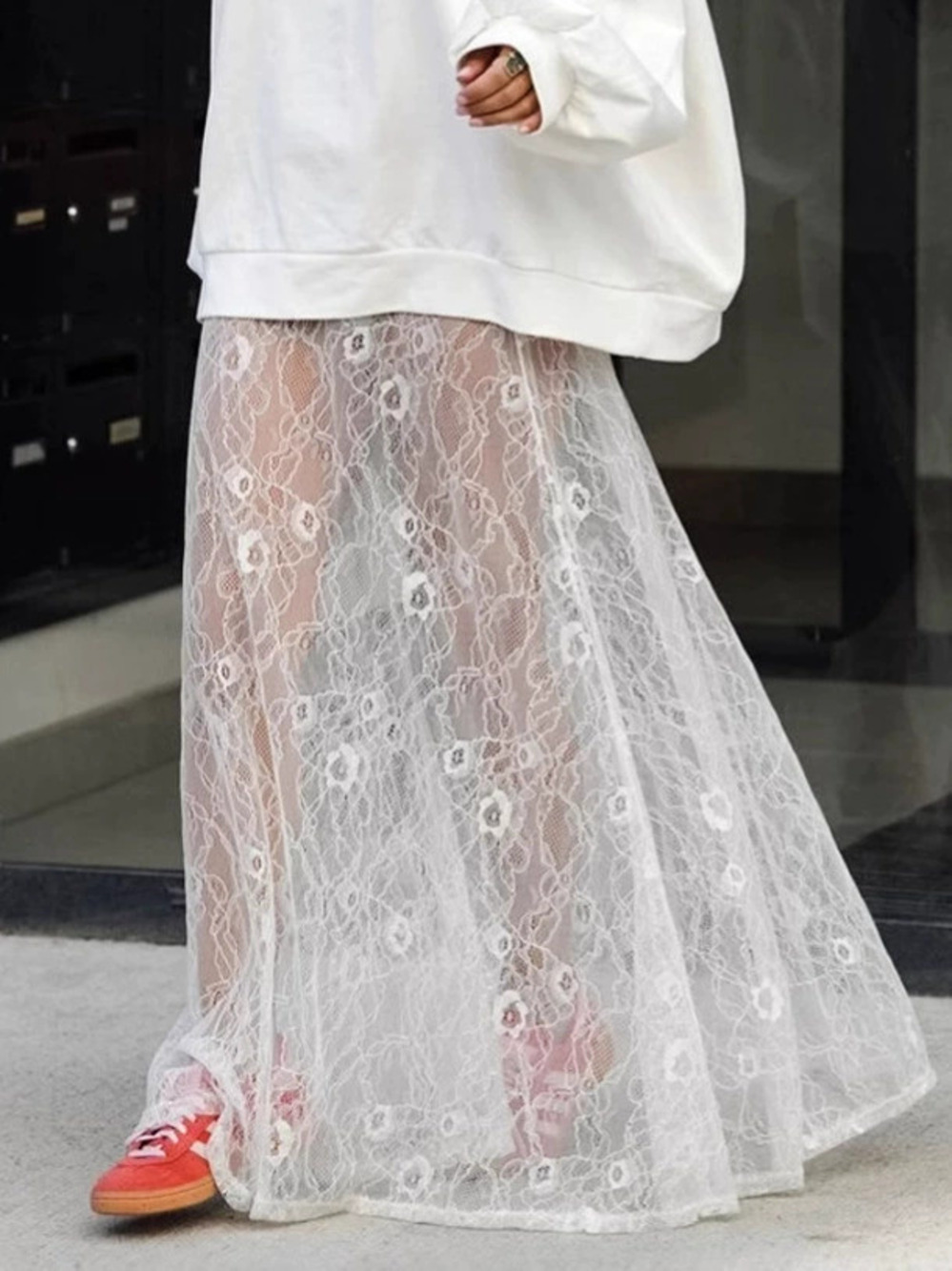 Forever 21 Sheer Lace Midi Skirt Cutout Fall